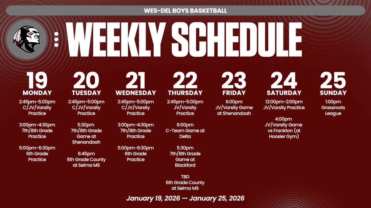 📅 Weekly Schedule for the Week of 1/19/26 - 1/25/26 

The JV/Varsity game against Frankton on Saturday at the Hoosier Gym is a 4:00pm JV tip-off, followed by Varsity. It is first come, first serve for tickets and the gym only seats 600 people.

#Family #BeTheStandard