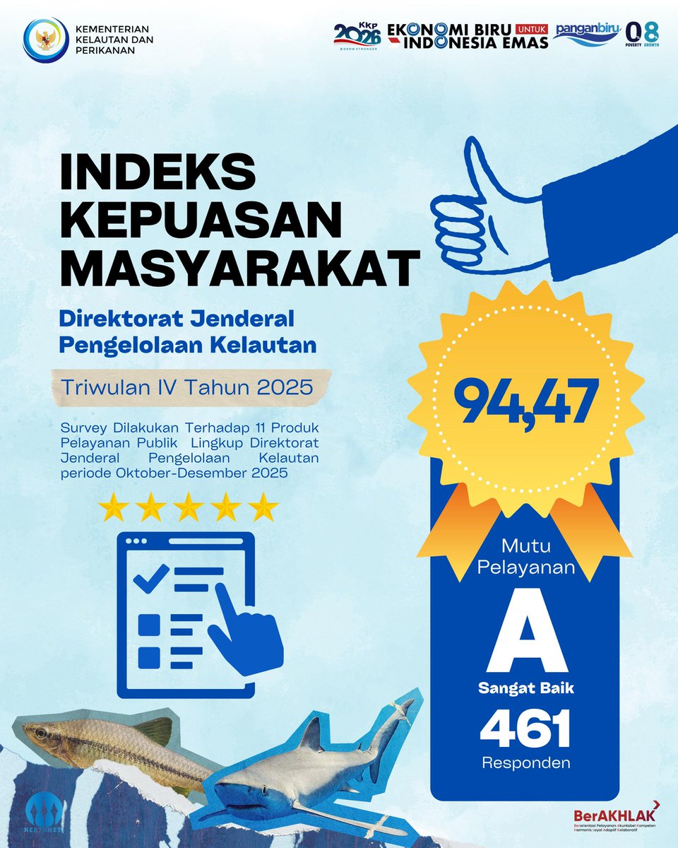 #SahabatBahari, untuk terus meningkatkan layanan, Ditjen Pengelolaan Kelautan telah melakukan Survei Kepuasan Masyarakat (SKM) terhadap 11 Layanan publik di Triwulan 4 Tahun 2025

Terima kasih #SahabatBahari, telah memberikan kritik dan saran yang membangun untuk kami.