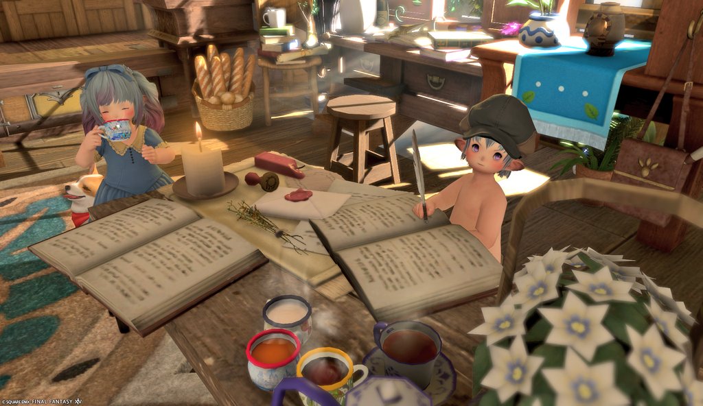 作業ハウジング調整して、エモートの羽ペンで原稿やってるみたいにしてる😇😇もうちょい小さい本ないかね🤣🤣（原稿やれ）