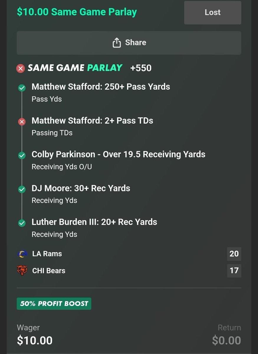 PhilintheBet's tweet photo. Forgot to post this one but wow Stafford was 16/18 this year passing 2+ TDs and he blanks today fml https://t.co/inMSl3DTmf