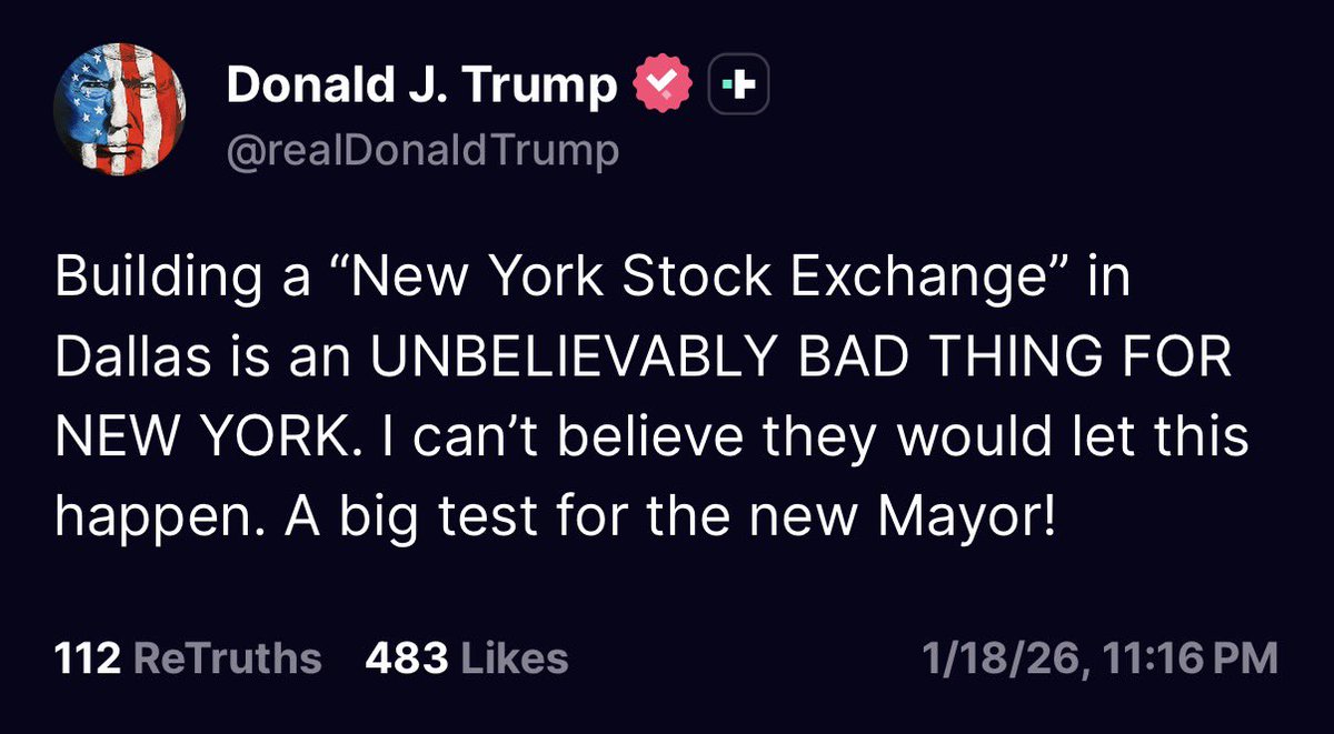 KobeissiLetter's tweet image. PRESIDENT TRUMP:

“Building a ‘New York Stock Exchange’ in Dallas is an unbelievably bad thing for New York.”