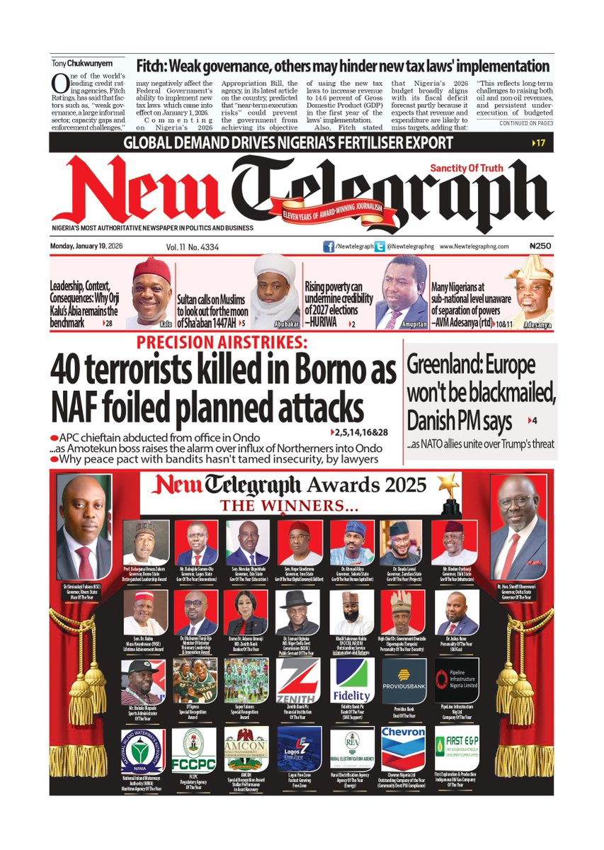 NewTelegraphNIG's tweet photo. 🗞️ https://t.co/TgsCvspJvN
Monday’s headlines are live. A fresh reset, a clear focus, and the stories shaping next moves. This is where the new week finds its direction.
#NewTelegraph #NigeriaNews #Headlines #MondayReset #NaijaUpdates #BreakingNews #PressForProgress #StayInformed https://t.co/23Si7BSfuo