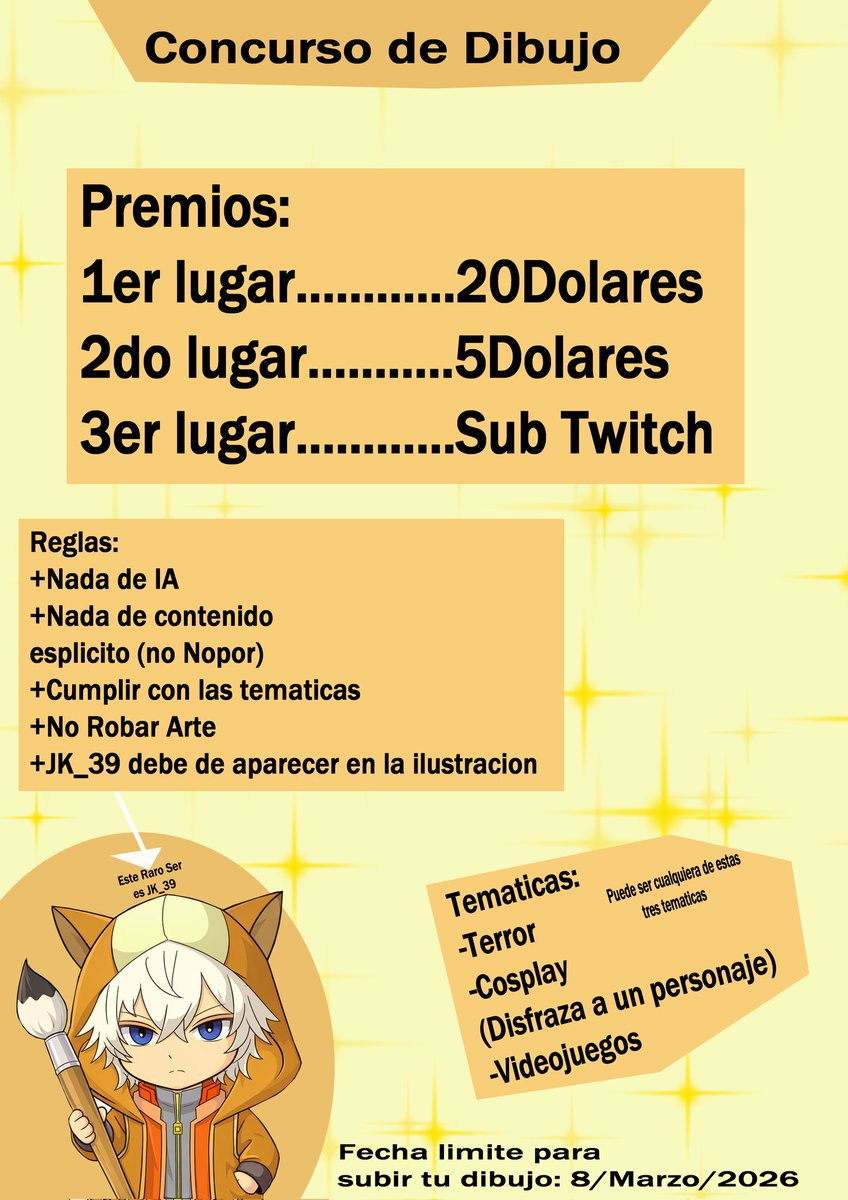 Oficialmente se abre la convocatoria, sus dibujos deben estar publicarlos en este post o mencionando me en la publicación ✌️.
PD: JK puede aparecer como un mosquito o pequeño , el personaje principal es libre, solo debe de aparecer ✌️😁