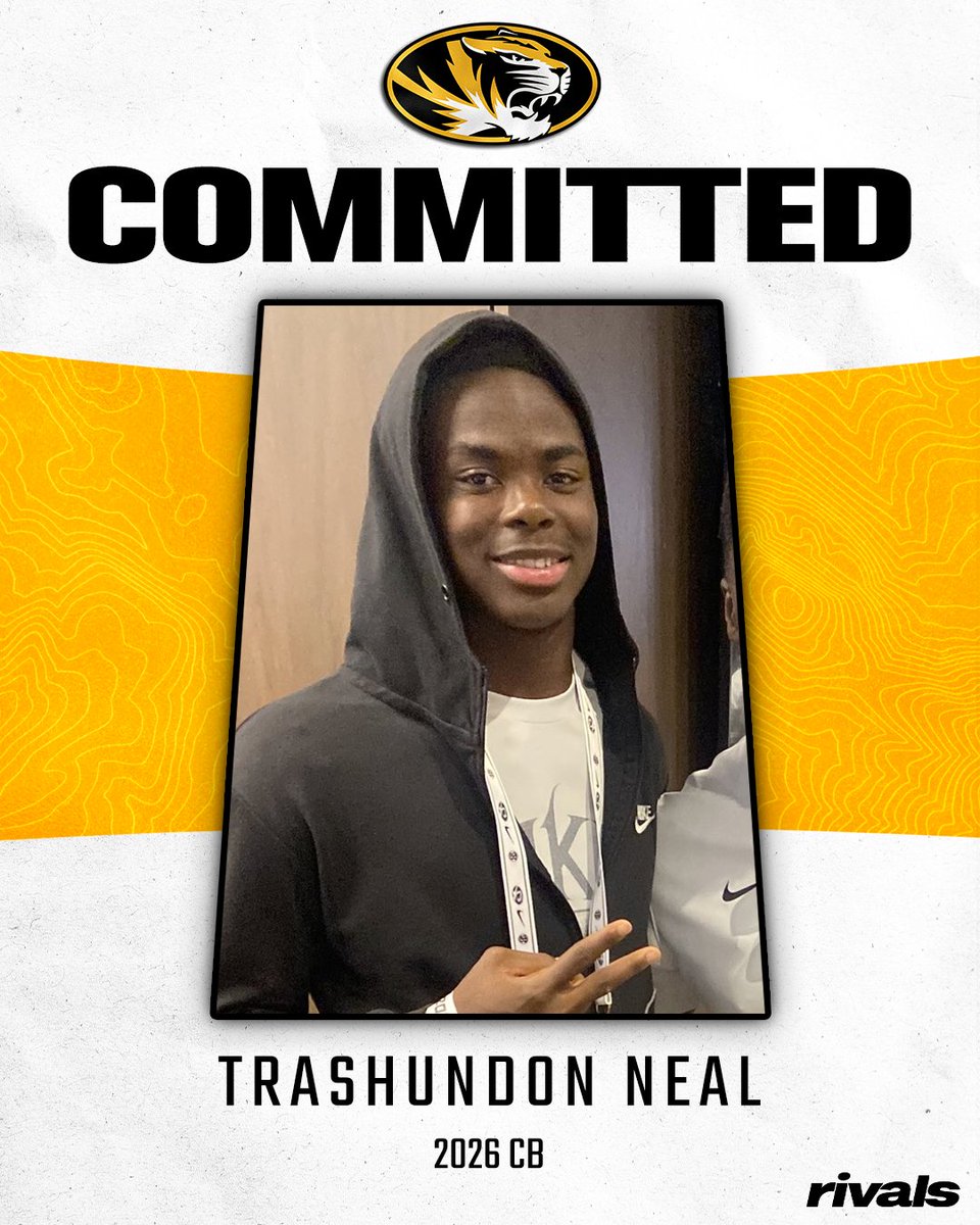 #Mizzou keeps it rolling in the 2026 class.

The Tigers received the commitment of Liberty (Mo.) North cornerback Trashundon Neal (<a href="/ToptNeal/">Trashundon “Clamp Merchant” Neal</a>): on3.com/sites/mizzou-t…