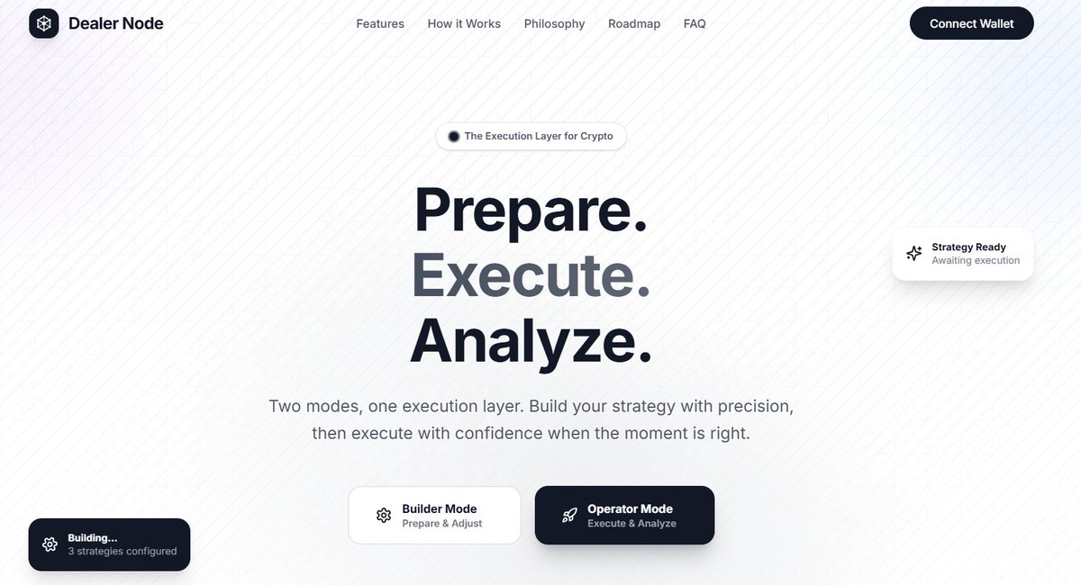 Following our preparation flow for the launch of our next initiatives, our new landing page is now live.

dealernode.app

The vision is clear.

We’re here to serve a long-ignored demand in Web3, especially within the Base and Virtuals ecosystems.

Speculators, traders,