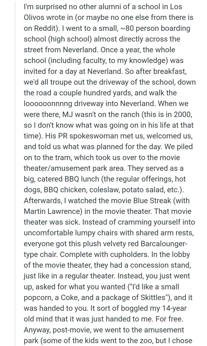NerdJackson_'s tweet image. Another person also went in the year 2000 since their Highschool was across the street from Neverland &amp;amp; every year the whole school (faculty included) would go to the ranch. They ate BBQ &amp;amp; watched "Blue Streak" &amp;amp; they described the theater &amp;amp; park in detail. MJ wasn't at the ranch