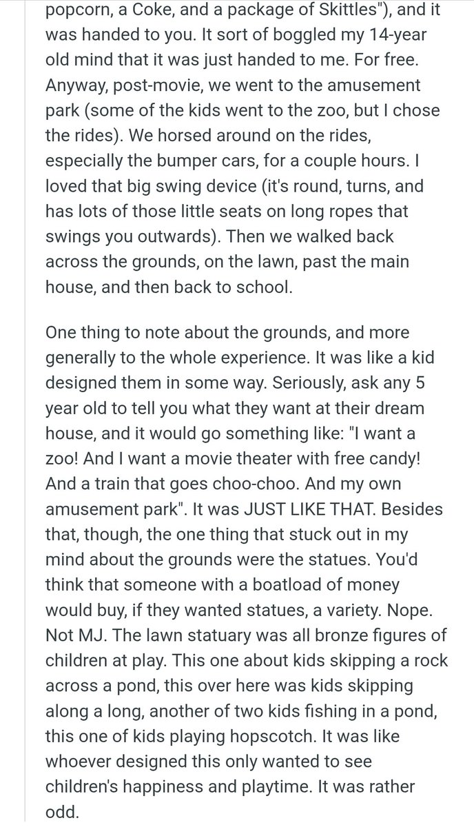 NerdJackson_'s tweet image. Another person also went in the year 2000 since their Highschool was across the street from Neverland &amp;amp; every year the whole school (faculty included) would go to the ranch. They ate BBQ &amp;amp; watched "Blue Streak" &amp;amp; they described the theater &amp;amp; park in detail. MJ wasn't at the ranch