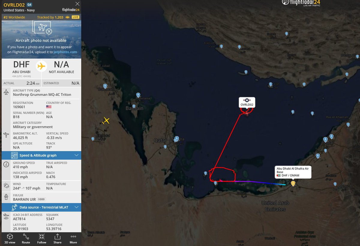 GabeTwoThousand's tweet photo. Hey uhhh... I don't wanna be alarmist or anything, but....
It's currently 2am in Iran right now and a US Navy UAV with callsign "OVRLD02" has been in a holding pattern in the Persian Gulf roughly 50 miles off the southern coast of Iran for the last 15-20 minutes. https://t.co/WpZeZoH2Y6
