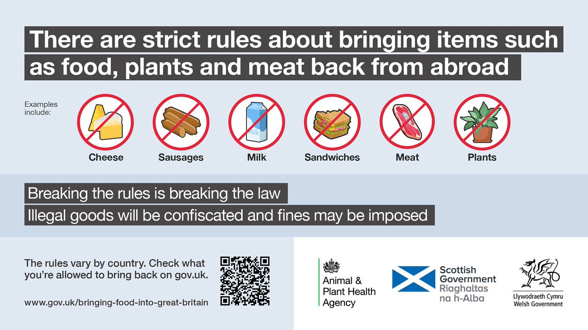 The Government has taken measures to prevent the spread of Foot and Mouth Disease following a rising number of cases across Europe. Since 12/04/25 you are no longer able to bring meat and dairy products from EU countries into Great Britain for personal use until further notice.