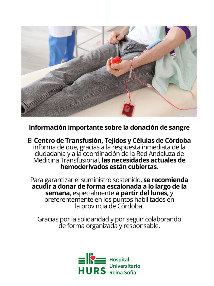 🔴 Información importante sobre la donación de sangre:

<a href="/donantescordoba/">CENTRO DE TRANSFUSIÓN, TEJIDOS Y CÉLULAS. CORDOBA</a> informa de que, gracias a la respuesta inmediata de la ciudadanía y a la coordinación de la Red Andaluza de Medicina Transfusional, las necesidades actuales de hemoderivados están cubiertas.