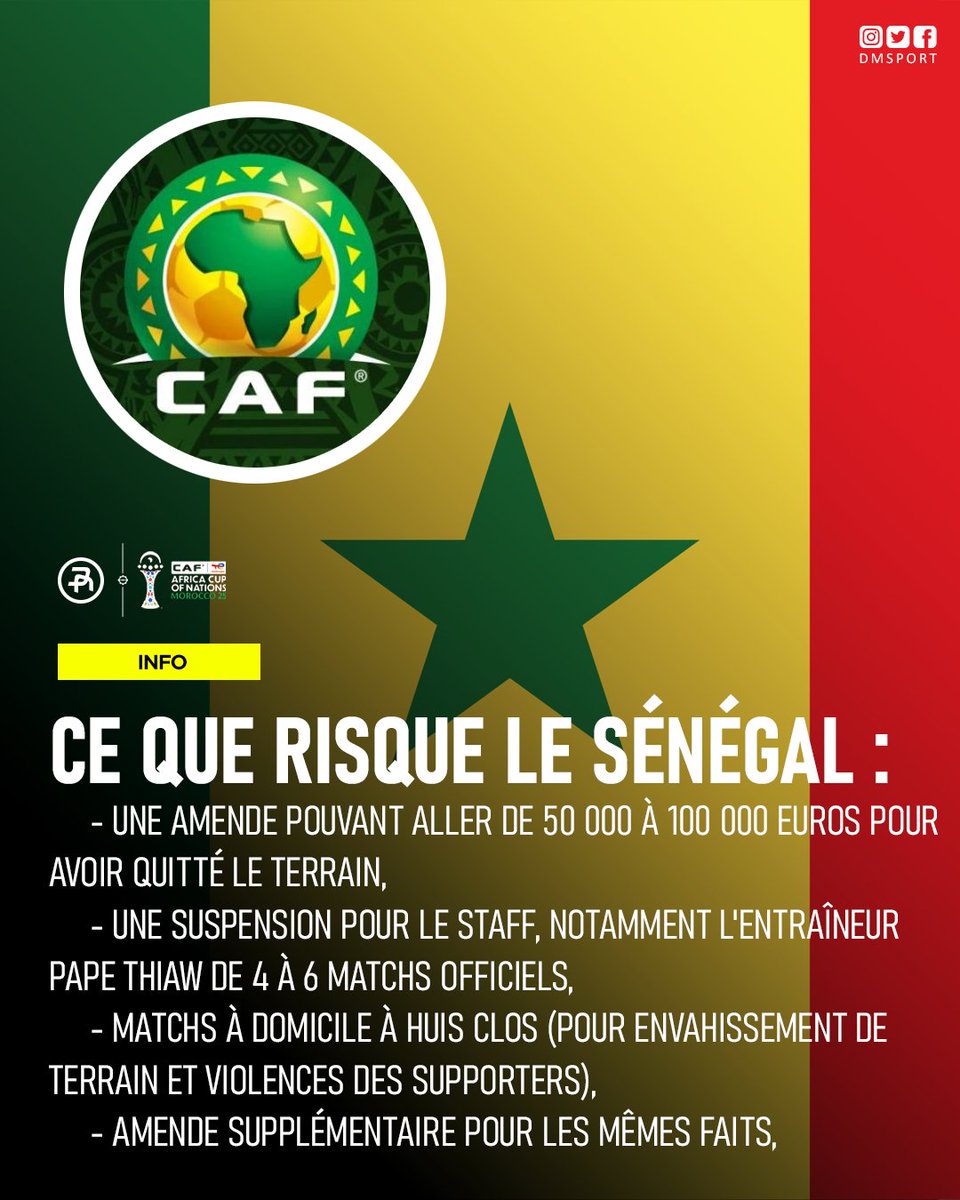 dmsportma's tweet image. Ce que risque le Sénégal après les échauffourées du match.

#CAN2025 #Maroc #Sénégal #MARSEN #SENMAR