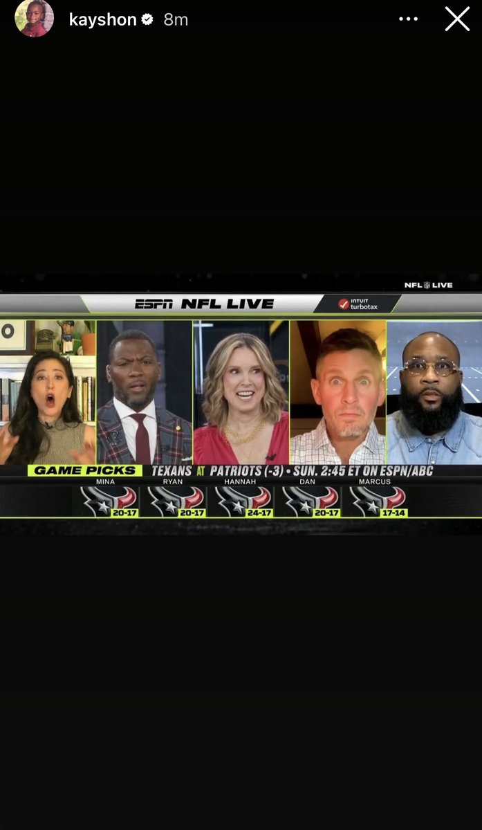 Kayshon Boutte re-posts all the NFL Live reporters picking the Texans to win 😂

Via @kayshon/IG