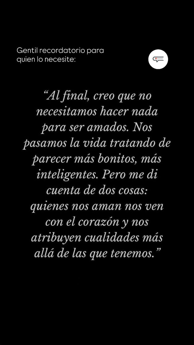 Gentil recordatorio para quien lo necesite ❤️‍🩹.
Pasamos la vida intentando ser más: más fuertes, más interesantes, más perfectos.
Pero el amor verdadero no funciona así.
Quien nos ama de verdad ve belleza donde nosotros vemos defectos.
Nuestro newsletter ⤵️
cementeriodelibros.substack.com