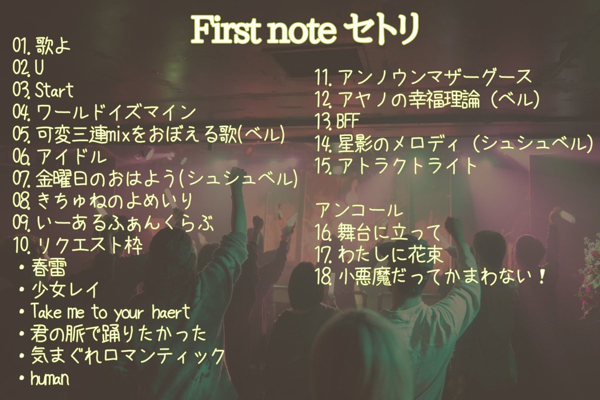 1/17 First note ご来場ご視聴いただき誠にありがとうございました。

私が一人で始めた物語はいつしか大勢の方に支えられるものとなりました。

それがどれだけ幸せで希少なことか痛感したワンマンでした。

これはまだ最初の一音です。