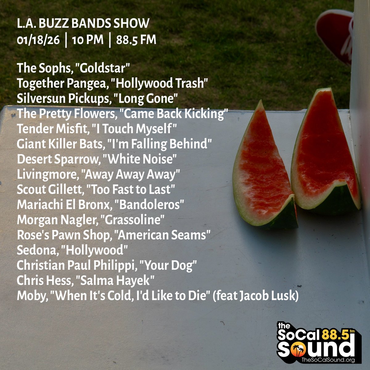 buzzbandsla's tweet image. Coming at 10PM: @BuzzBandsLA Show on 88.5 FM @TheSoCalSound, ft. The Pretty Flowers, Morgan Nagler, Chris Hess, The Sophs, Together Pangea, Scout Gillett, Silversun Pickups, Mariachi El Bronx, Rose’s Pawn Shop, Giant Killer Bats, Sedona, Desert Sparrow +++ bit.ly/45UvbV5