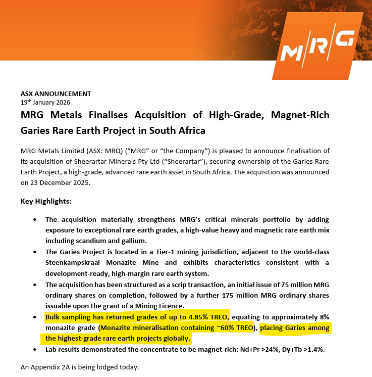Sagitar01's tweet image. $MRQ Great news: Garies project acquisition finally confirmed &amp;amp; the #REEs grades look incredible! 

"...placing Garies among the highest-grade rare earth projects globally."  👀

Expect more good news to flow through soon. With a venture partner, this will rerate substantially!