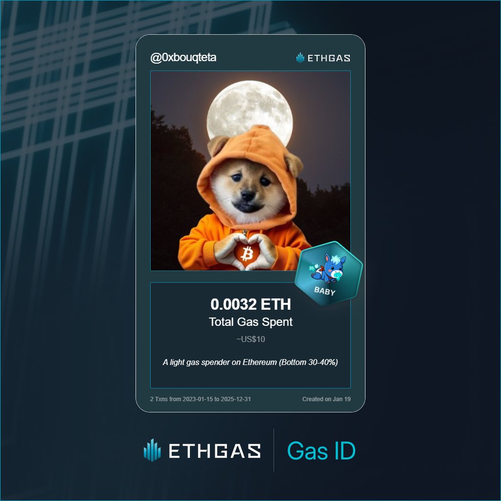 Discovered my Gas ID via ETHGas - turning my gas spend into rewards 🫘

As a Baby Jack, I've spent 0.0032 ETH on gas but earned 1 Beans back.

Get your Gas ID and Beans here: ethgas.com/community/gas-…