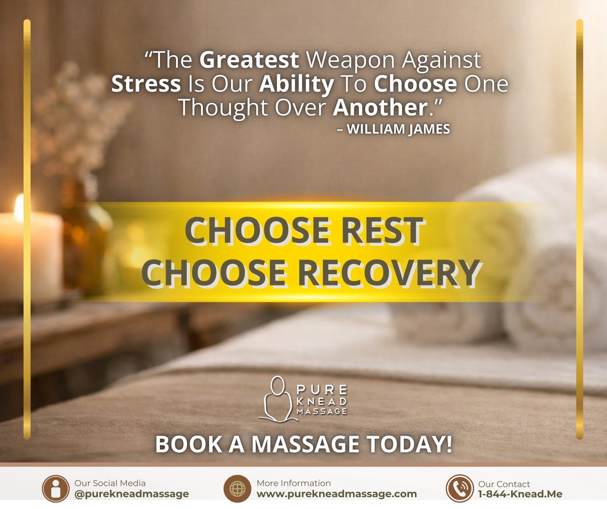 “The greatest weapon against stress is our ability to choose one thought over another.” — William James

Choose rest. Choose recovery.
Choose a massage that helps your body and mind reset.
Book your session today.

#StressRelief #MassageTherapy #ChooseRest #WellnessCare #BookNow