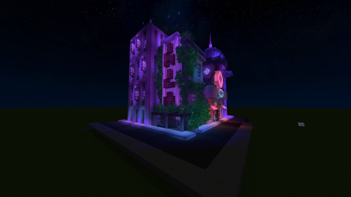 i have these in the same world and its a really funny jujuxtaposition #Hytale 
(been working on this every once in a while hopefully gonna have a full cyberpunk esq city block at some point)