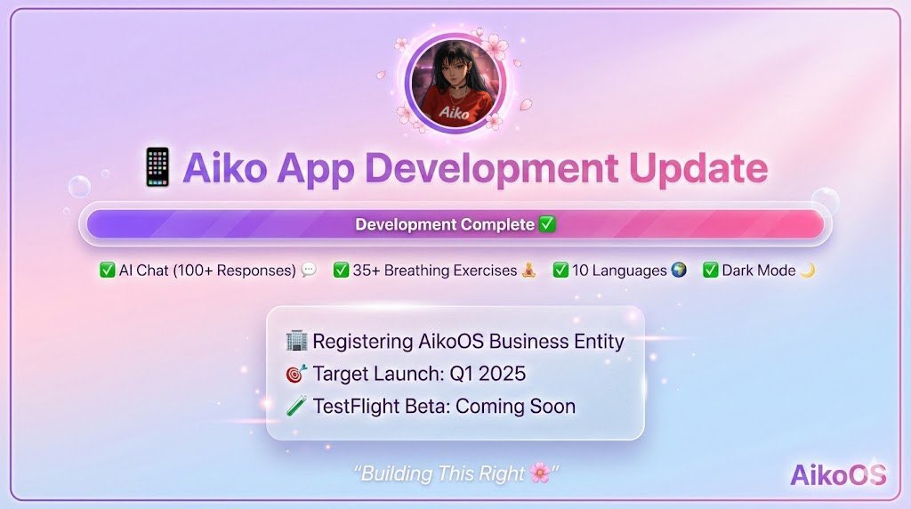 Aiko App Development Update

Development is COMPLETE ✅
- AI chat with 100+ responses
- 35+ breathing exercises
- 10 languages  
- Dark mode
- Ready to ship

Why aren't we on App Store yet?

We're registering an official business entity under "AikoOS" 

Timeline:
⏰ Business