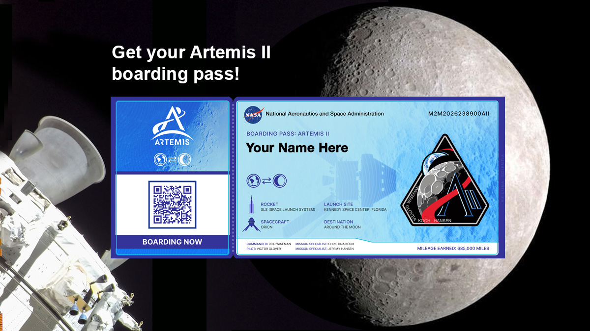 NASAglenn's tweet image. Well... ya comin’? 
 
Time is running out to get your boarding pass for the @NASAArtemis II mission! Your name will fly around the Moon and back along with the four Artemis II astronauts.  
 
Sign up here by Jan. 21: go.nasa.gov/artemisnames