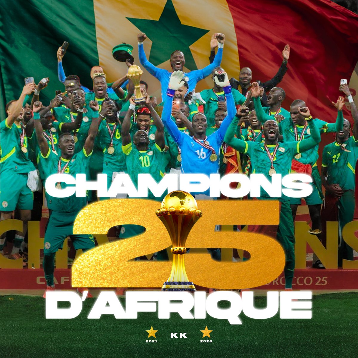 kkoulibaly26's tweet image. 🇸🇳 CHAMPIONS D’AFRIQUE 🏆

⭐️ 2025
⭐️ 2021

🌍 #KK 

💚💛❤️