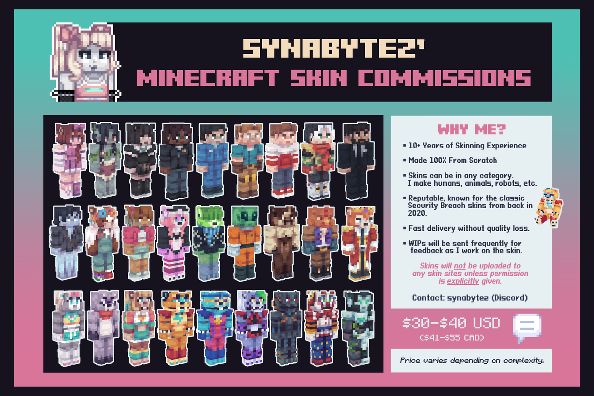 Skin commissions will still be open as I return to college! I make skins entirely from scratch of anything you'd like!! ⭐

Commission request form: vgen.co/SynaBytez/serv…

#minecraft #minecraftartist #minecraftskin #minecraftskins #pixelart #commissionsopen #vgenopen