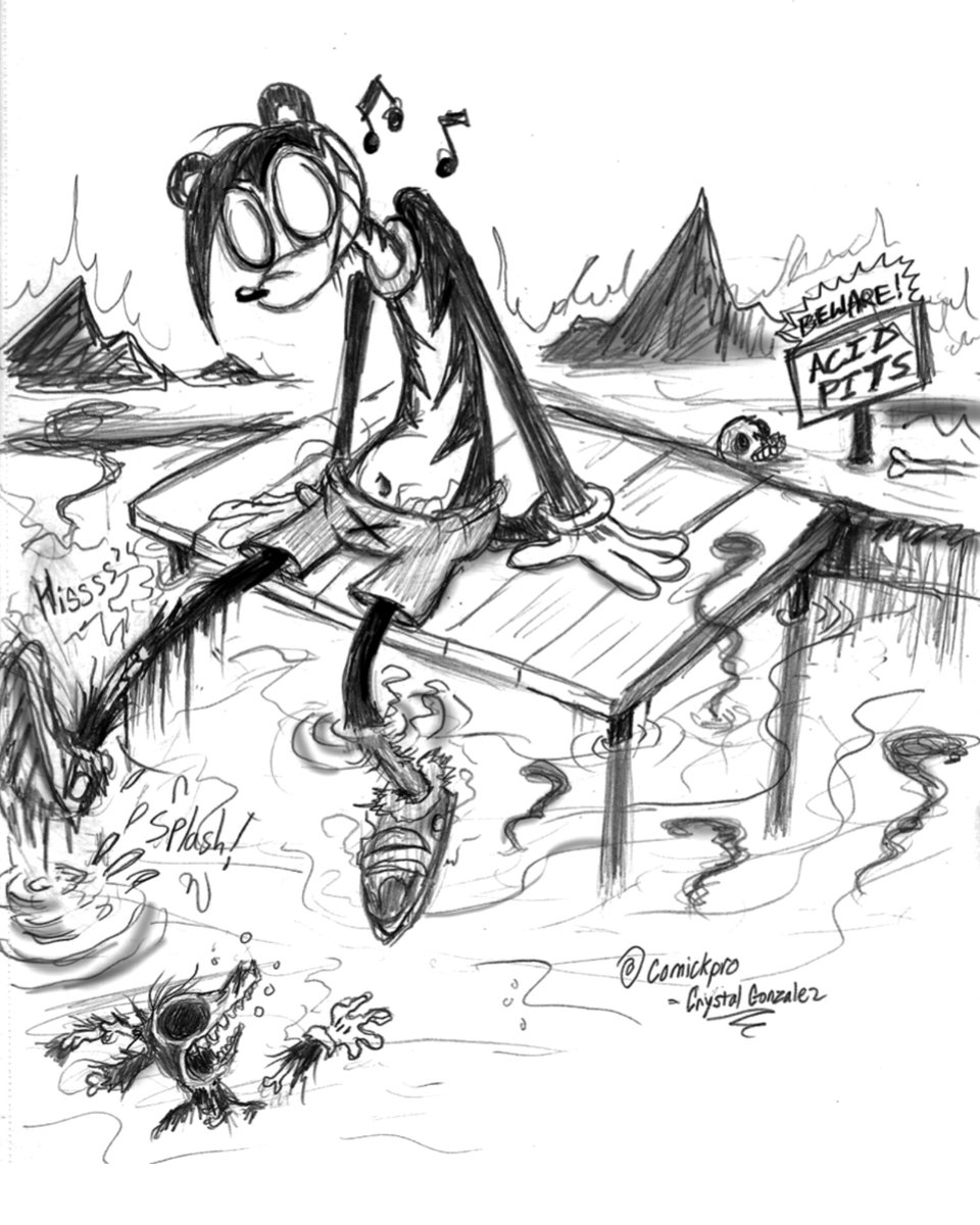 Comickpro's tweet image. Skitzo is having a fun dip in the Acid Baths in Hell. The burning sensation kinda tickles! Reminder that I have a Patreon patreon.com/Comick where you can get access to a bunch of unreleased sketch book doodle and archive goodies on there as well.