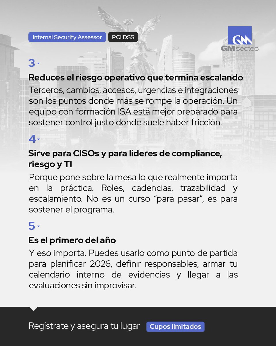 ¡NO TENEMOS DUDAS! La certificación PCI ISA es una buena inversión para el equipo. Alinea criterios, ordena cómo se trabaja con la evidencia y fortalece la operación donde más suele fracturarse. ✅

📍 CDMX - 11 y 12 de marzo.

Los cupos son limitados.

#GMsectec #SeminarioISA