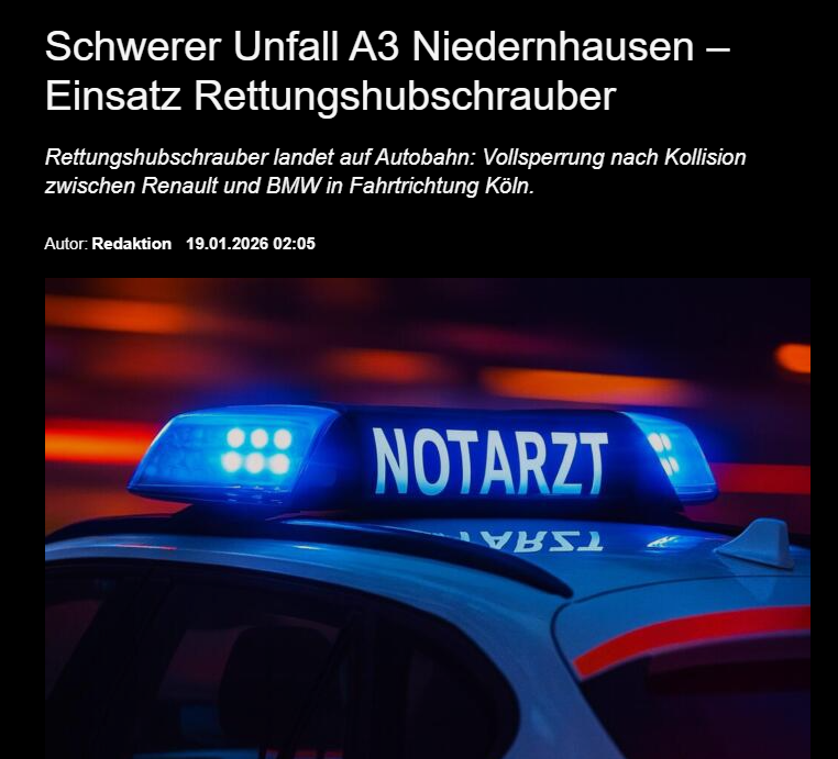 Md1980byc's tweet photo. Ein missglückter Spurwechsel sorgte am Sonntagabend auf der Bundesautobahn 3 für einen größeren Rettungseinsatz. Im Bereich Niedernhausen kollidierten zwei Fahrzeuge. https://t.co/69QBJnacXM https://t.co/OHDoyfluTv