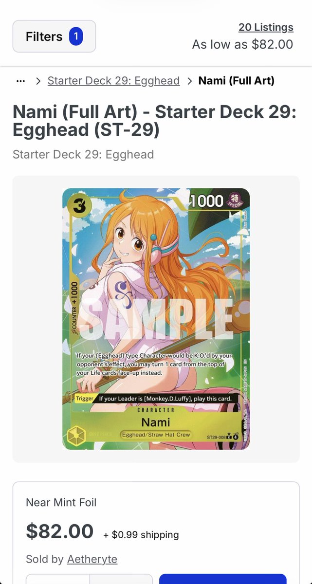 SewnChaos64's tweet image. Bro why is pug Nami so expensive it’s not even ran in the deck😭