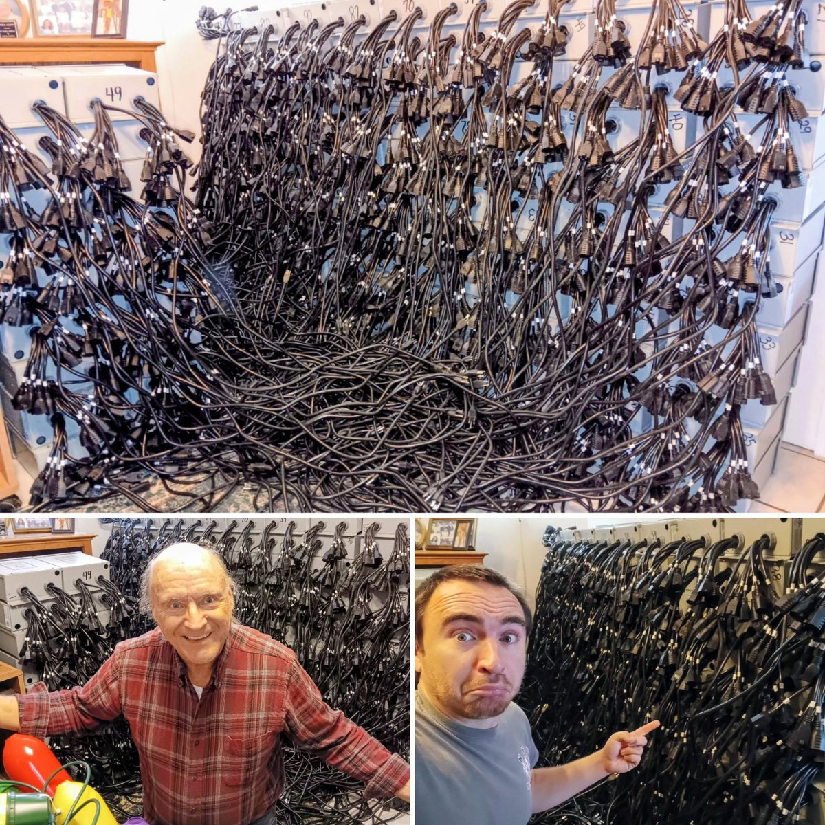 allisonchristms's tweet photo. All 1️⃣1️⃣3️⃣ #lightorama controllers for the Havana Christmas Tree Farm are officially packed away! 🤯 We have them numbered for programming and carefully stored with the smallest numbers on top of the massive "waterfall." They're in the order for install again this fall! 💯🔌✨️ https://t.co/OIUXCSSqYs