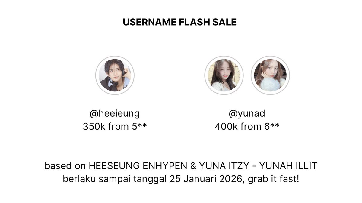 zauch's tweet image. help repost, thank you!
⠀
an official announcement to my dearest buyers, I have an username idol boy group based on HEESEUNG from ENHYPEN and girl group based on YUNA from ITZY - YUNAH from ILLIT that is on FLASH SALE and you can grab right now.

#zonauang #zonaba