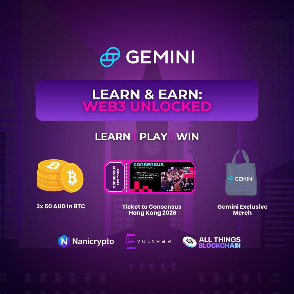 Sydney 🚀 Learn & Earn Workshop this Thursday Jan 22nd 💰 Win Bitcoin ($50  AUD x3) 🎟️ Consensus tickets 🎁 Gemini merch Learn, connect & earn. See  you there. #SydneyCrypto #SydneyEvents #CryptoAU #