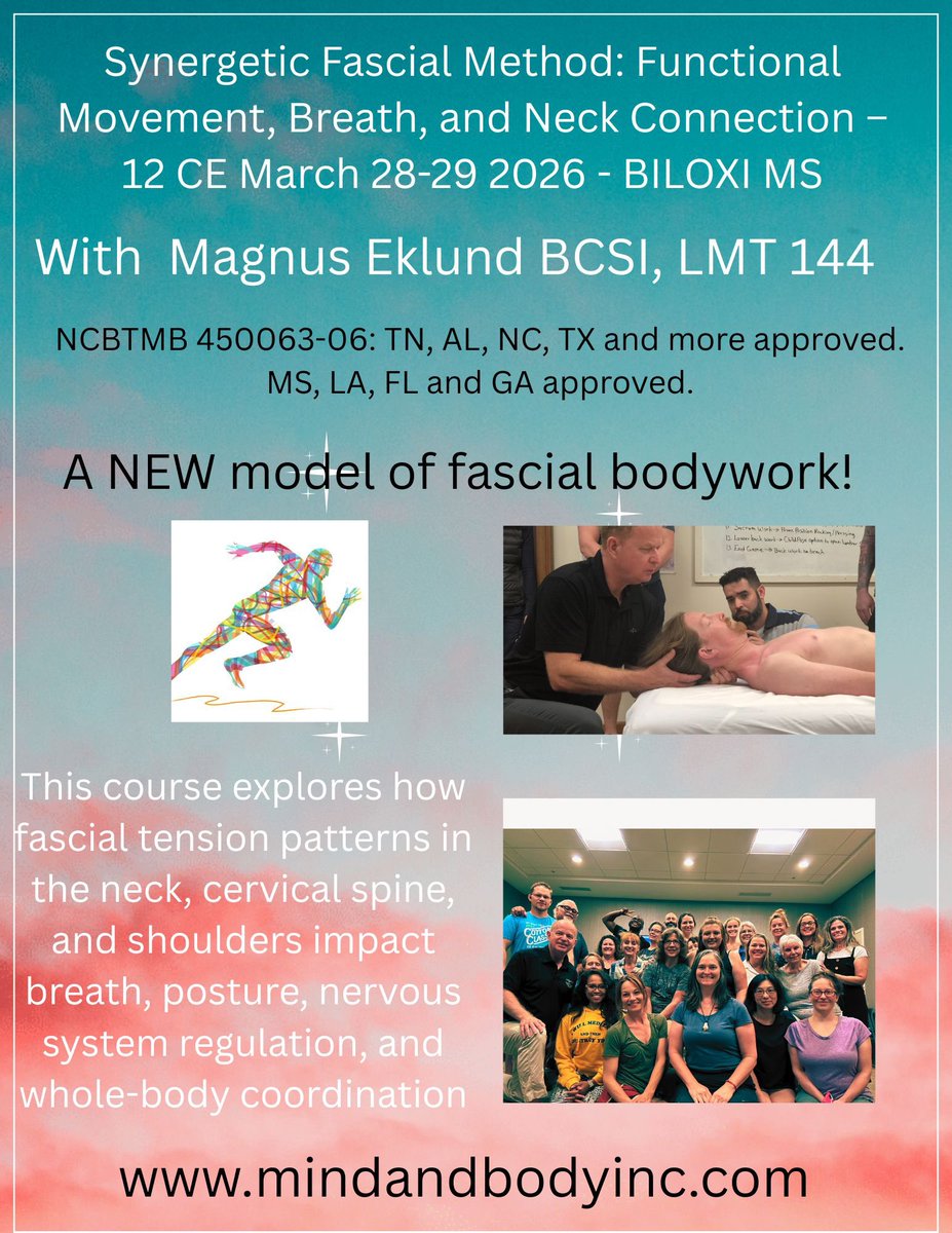 Join Structural Integrator and LMT 144 Magnus Eklund in Biloxi MS for a highly educational hands on course to balance the fascial network! Time tested manual techniques &amp; assisted stretching! Learn from a practioner with 30 yrs experience in manual &amp; movement technology! #fascia