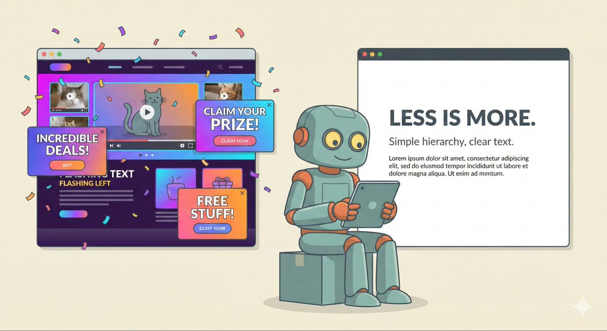VisibilityLens's tweet image. Some websites are loud. Others are legible. AI only hears one of them.
Your homepage has a hero video, animated gradients, and 47 customer logos. Beautiful.
The AI read your footer. #AI #seo #visibility