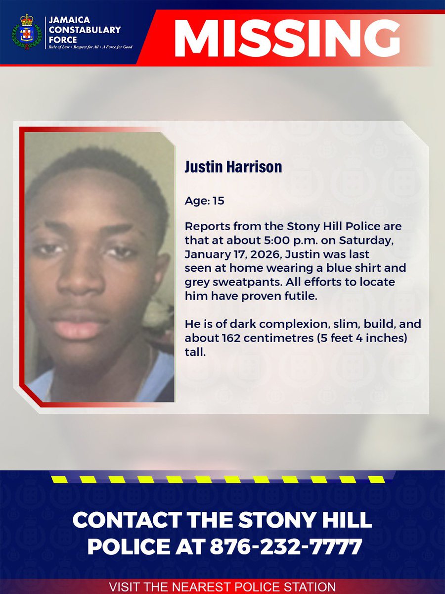 Help us locate missing Justin Harrison. If you know his whereabouts, please call the Stony Hill Police or the nearest police station. 

#AnandaAlert #Missing