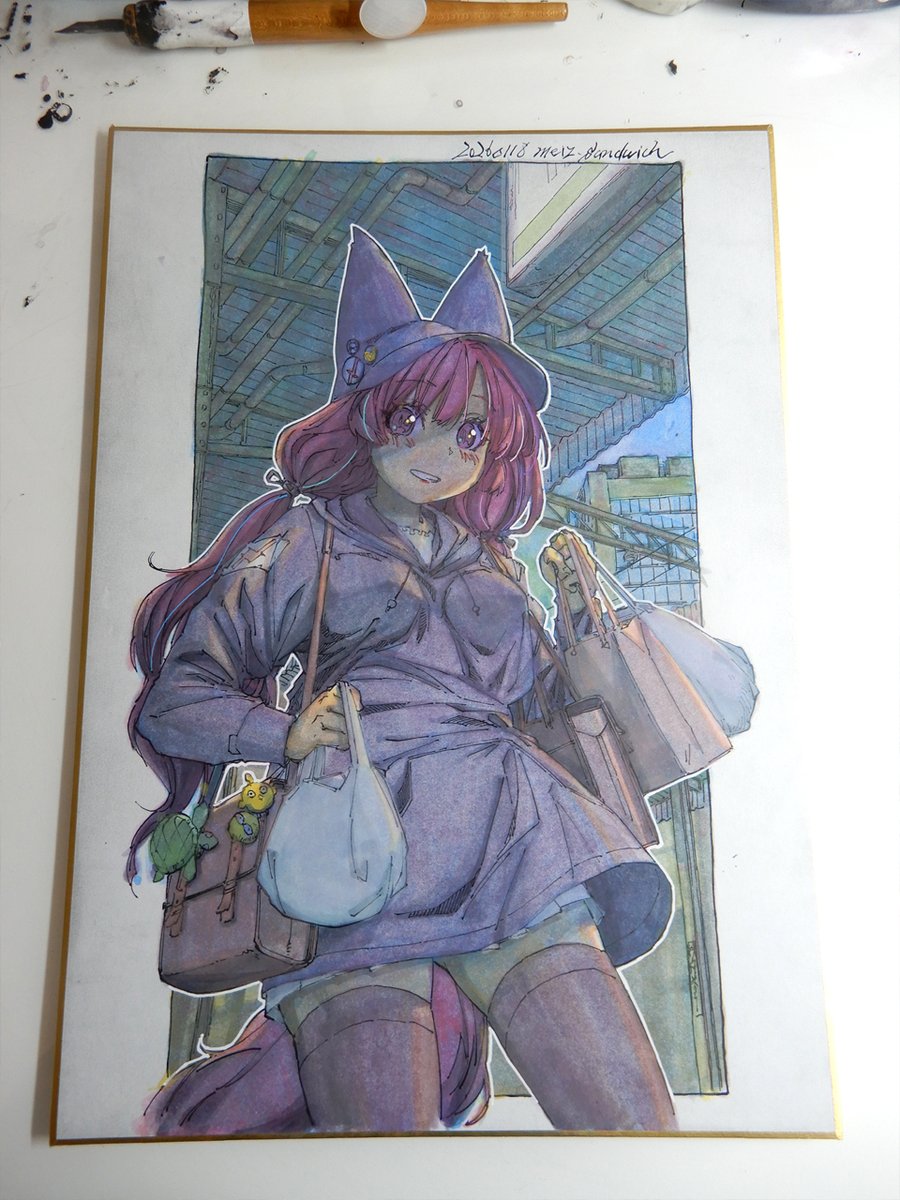 アナログ2427：買い物帰りの駅で】 好きな街で深夜まで買い物。 ＃水彩