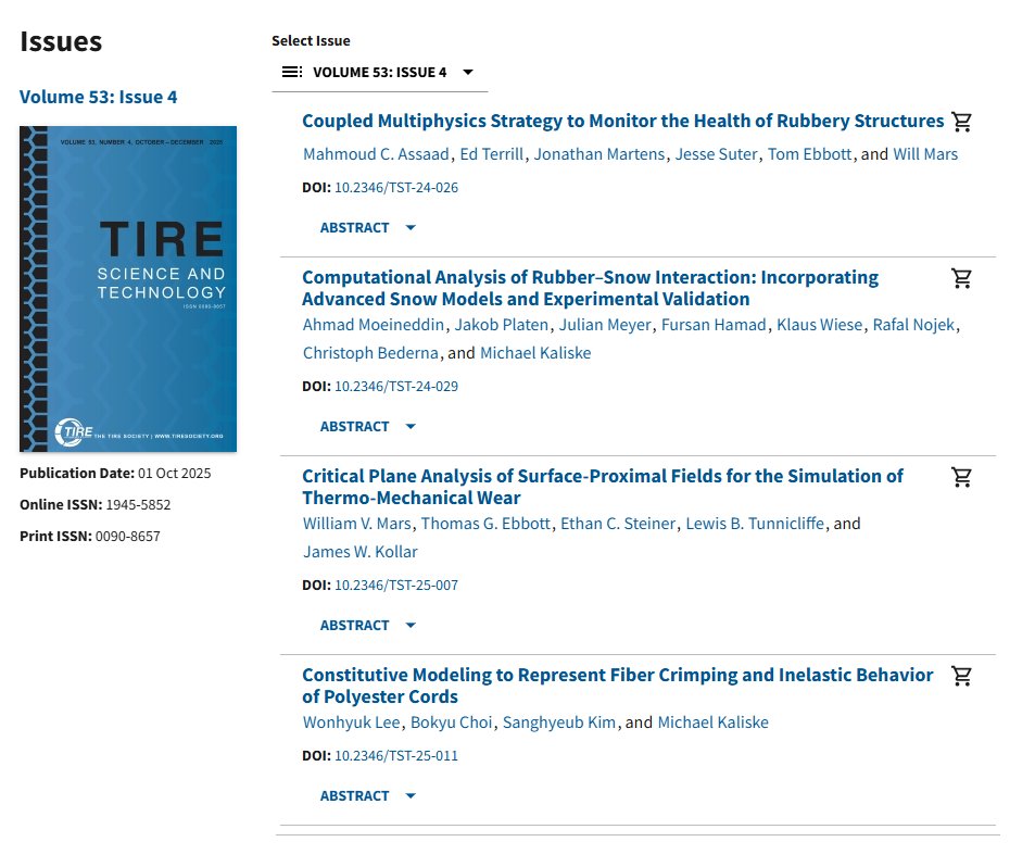 EnduricaWill's tweet image. The latest issue of the @thetiresociety's journal Tire Science and Technology has 2 @EnduricaLLC papers: one on our new #EnduricaMP multiphysics solver for diffusion/oxidation analysis, and another on modeling #wear using #criticalplaneanalysis. Check them out here: