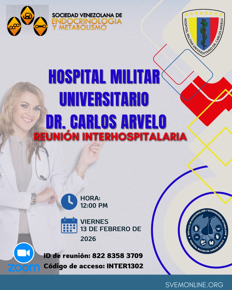 📢Hospital Militar Universitario Dr. Carlos Arvelo Invita a la Reunión Interhospitalaria📢

📅 Fecha: Viernes, 13 de Febrero de 2026
🕛 Hora: 12:00 p.m.
Vía: ZOOM.