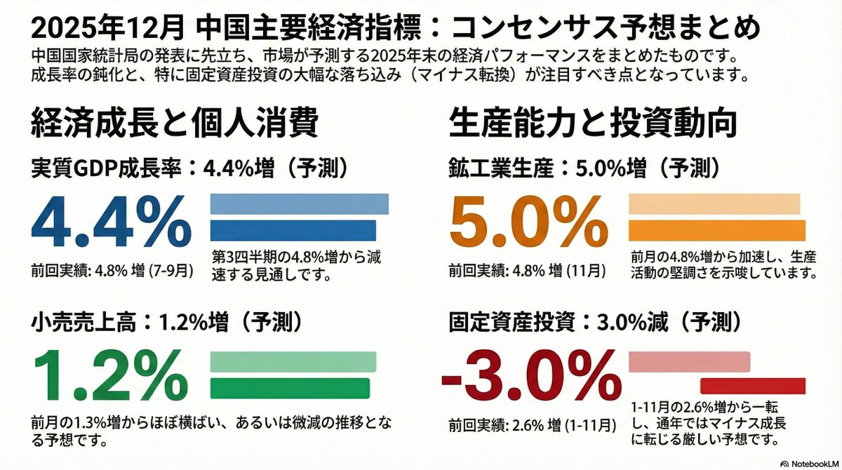 日本時間午前11時に中国主要経済指標の発表があります。注目です。 【中国株】GDPなど主要経済指標の予想値一覧（25年12月） 詳細はこちら🔽  https://t.co/1hneTAXnPc