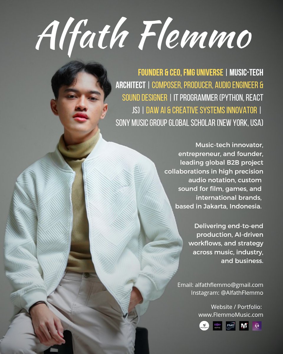 Alfath Flemmo — Founder and CEO FMG Universe | Music-Tech Innovator, Composer &amp; Producer | Bridging music, AI &amp; software engineering, Python | Sony Music Group Global Scholar NYC USA | YYGS Ambassador | 100+ original works, global B2B projects | Portfolio: FlemmoMusic.com