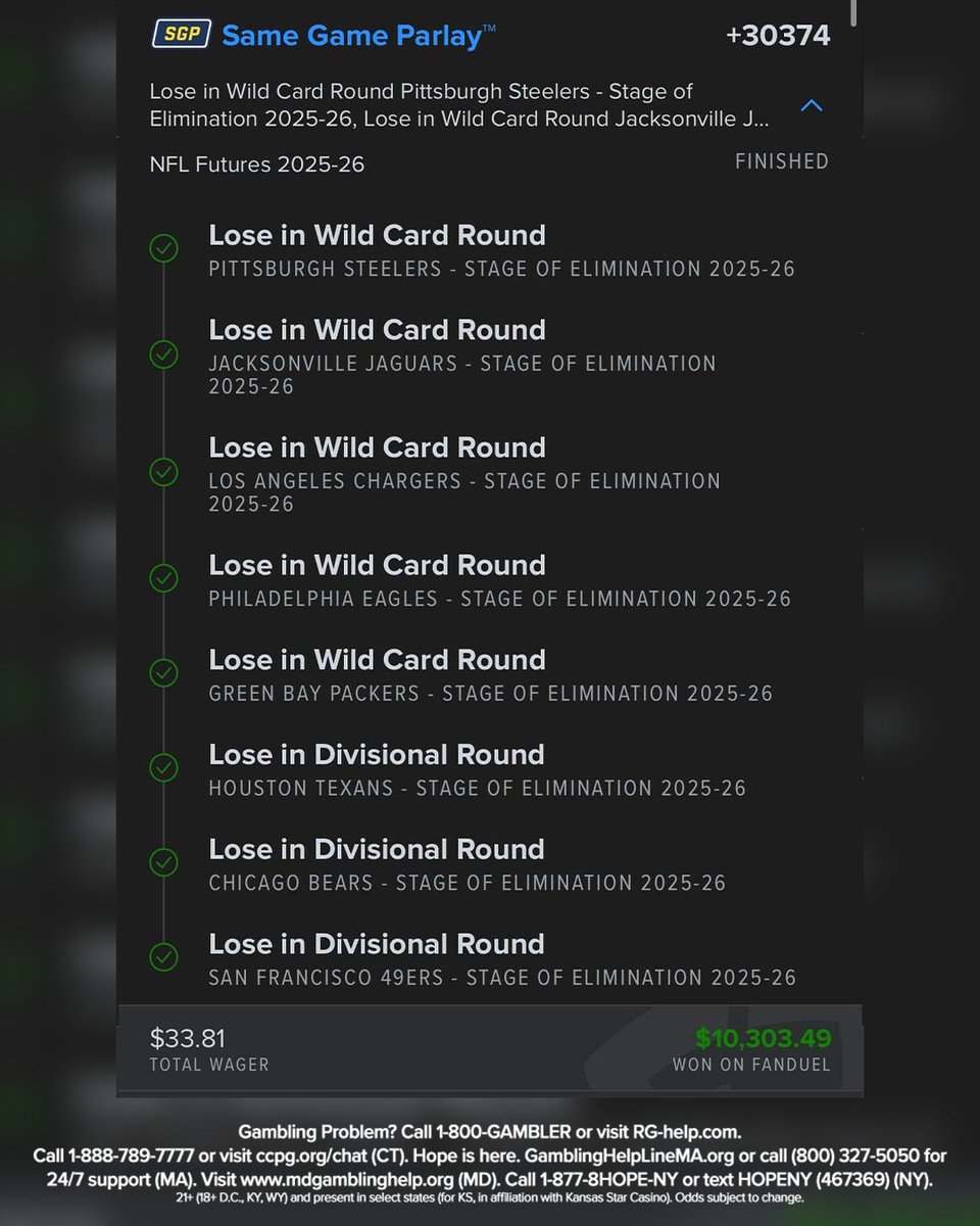 FDSportsbook's tweet image. Literally one of the wildest tickets you will EVER see 🤯

This bettor correctly predicted exactly where 8 teams' seasons would end to turn $33 into $10K 😱

(via IG / oscar_velasquezz)