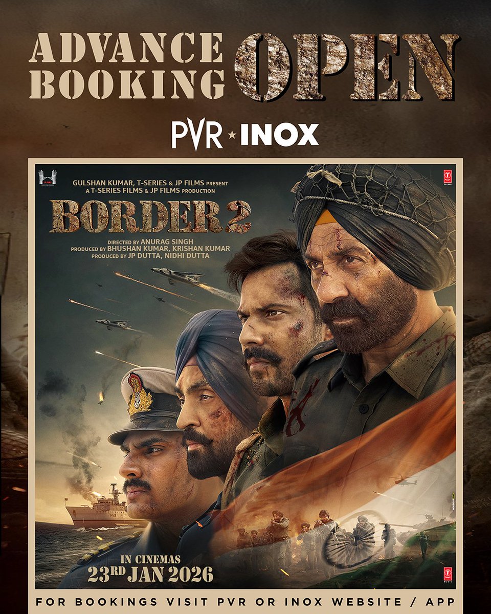 Advance bookings are now OPEN!
Witness courage, sacrifice, and patriotism roar back on the big screen with #Border2.

Book your seats now at PVR INOX and feel the pride. 🎬🔥
Book now - cutt.ly/y7S9ryy
.
.
.
.
.
#SunnyDeol #DiljitDosanjh #SonamBajwa #VarunDhawan