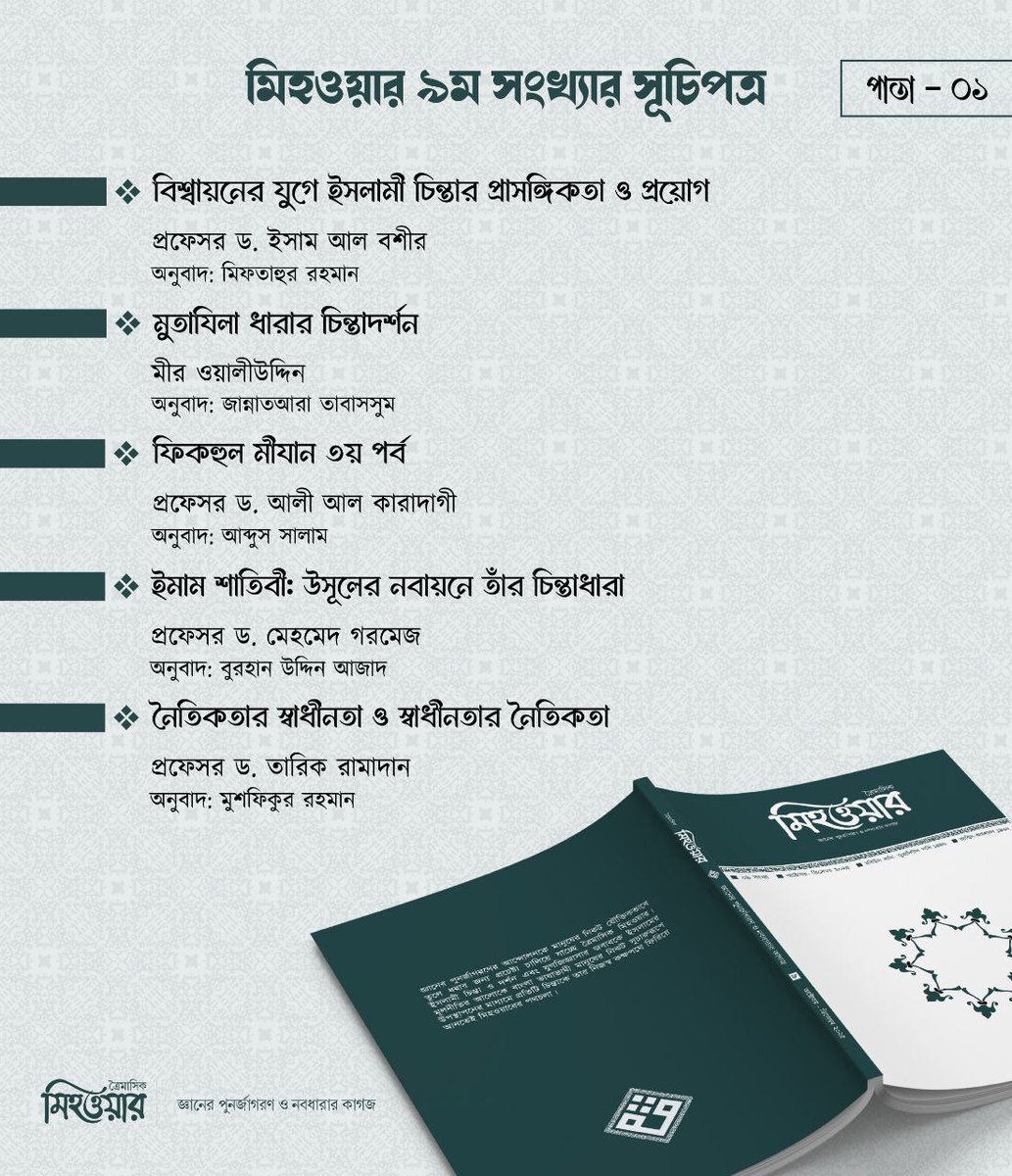ইসলামী সভ্যতার জ্ঞান ও চিন্তাগত মিরাসকে নবায়ন করে বাংলা ভাষাভাষী চিন্তাশীল মানুষের সামনে তুলে ধরার চেষ্টা করছে ইসলামী চিন্তা ও গবেষণা ইন্সটিটিউট - এর মুখপত্র মিহওয়ার।

মিহওয়ার নবম সংখ্যায় যা যা রয়েছে....