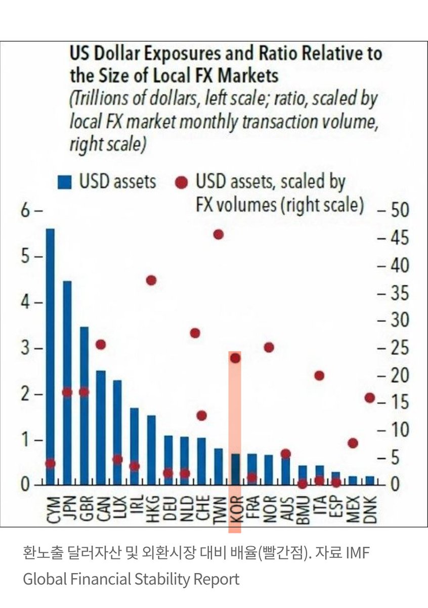 한국은 주요국 가운데 캐나다, 노르웨이와 비슷한 수준으로 분류됐다. 노르웨이 역시 국부펀드를 중심으로 해외투자 비중이 큰 국가다. 반면  일본은 달러자산 규모가 가장 크지만 외환시장 자체가 커 배율은 20배를 밑돌았다. 독일·프랑스·이탈리아 등 유럽 주요국은
