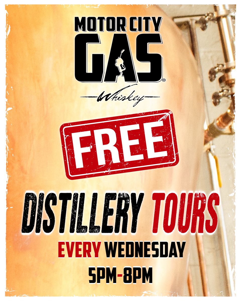 Starting this week for a limited time FREE whiskey making tours every Wednesday from 5-8pm.

Email: MotorCityGas@gmail.com to book a spot. Walk-ins are also welcome.

Tours will kick off at the top of each hour.  

Happy Hour specials run from 5-7pm.