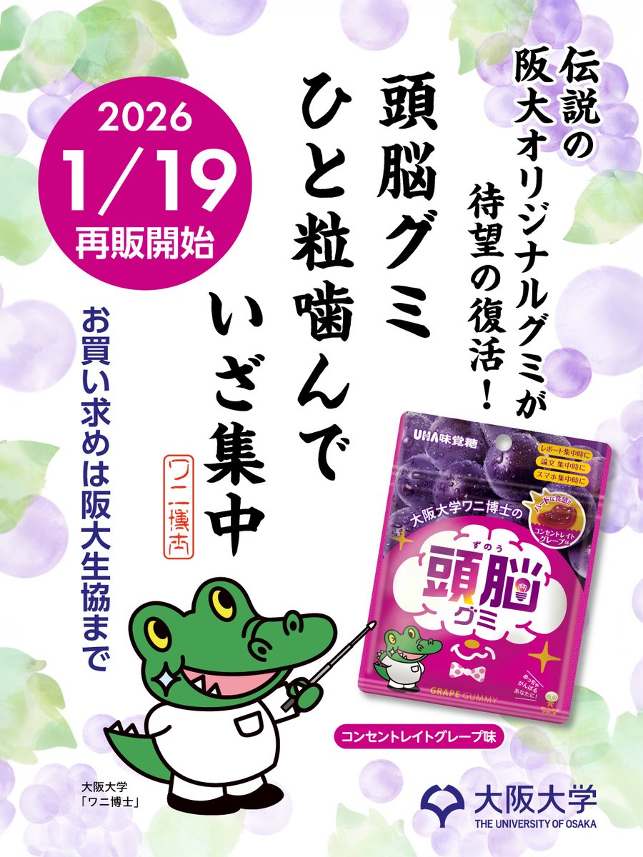 UOsaka_ja's tweet image. 🍇🐊
頭脳グミ
ひと粒噛んで
いざ集中
🍇🐊

#大阪大学 #ワニ博士 の #頭脳グミ コンセントレイトグレープ味、阪大生協 @handaicoopshop にて
【本日より待望の再販開始！】
osaka-u.ac.jp/ja/campus/alum…

#UOsaka #UHA味覚糖 #研究のお供に最適なグミ #レポート集中時に #論文集中時に #スマホ集中時に