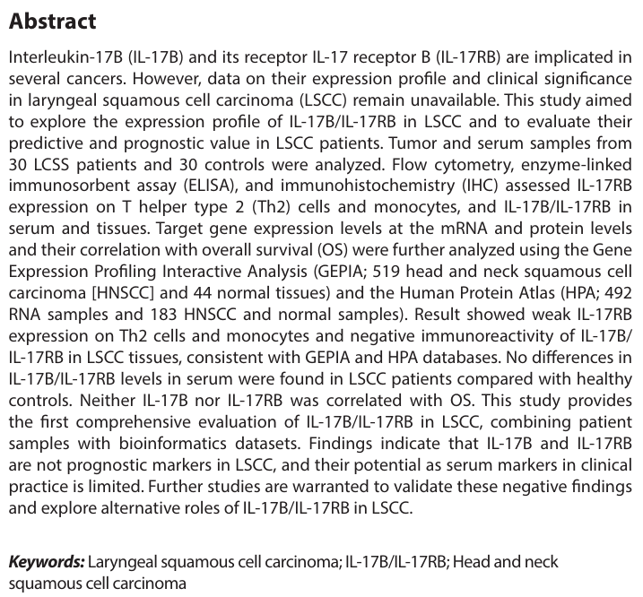 CP_ASP_'s tweet photo. 🔍 Article Highlight | Now Online
Type: ORIGINAL RESEARCH ARTICLE
📃Title: Expression profile and clinical significance of IL-17B/IL-17RB in laryngeal squamous cell carcinoma
👉Link: https://t.co/52AaUqqbPj
#Laryngealsquamouscellcarcinoma #IL17B #IL17RB https://t.co/iwXGp2KlVS