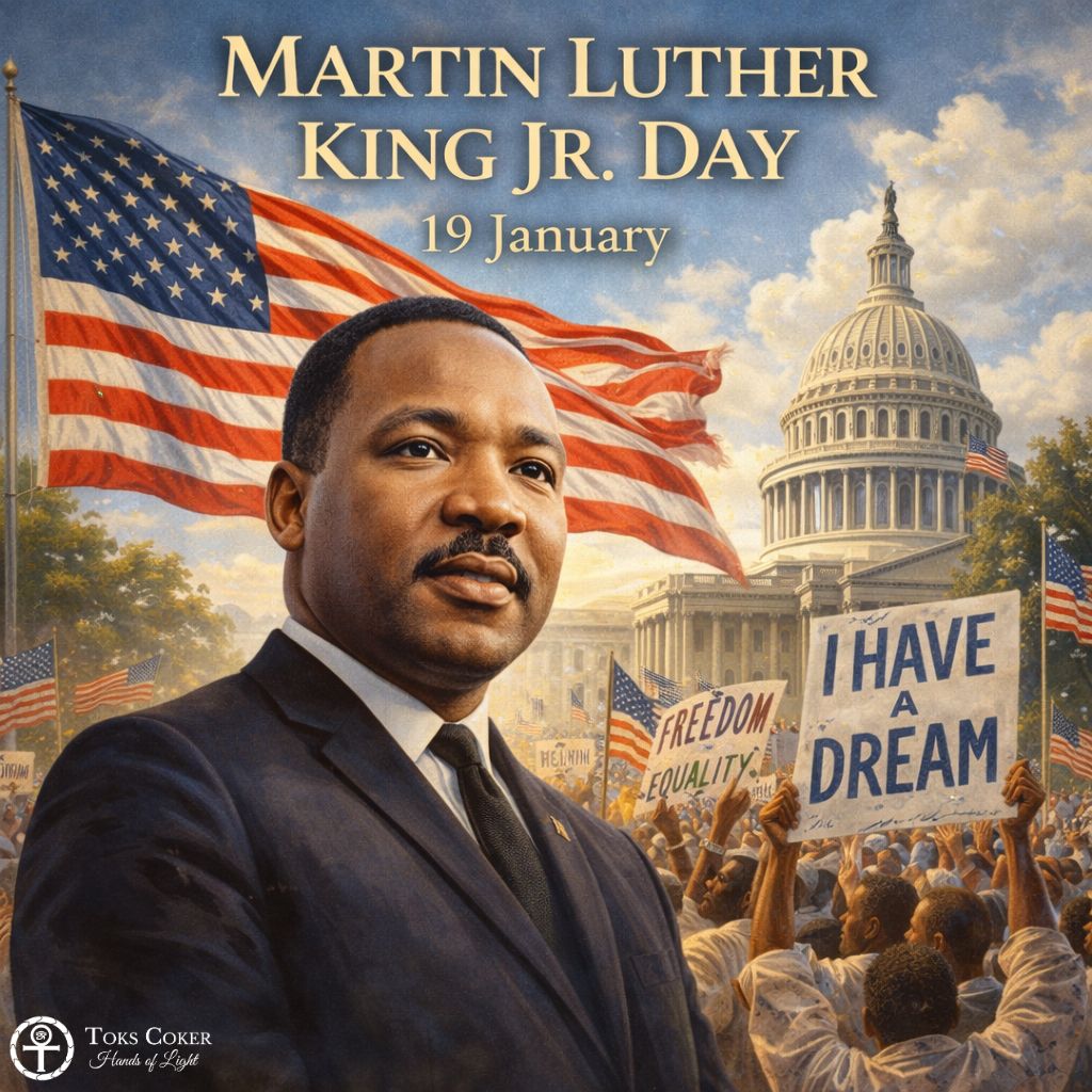 Martin Luther King Jr. Day, celebrates his life and legacy, he brought hope &amp; healing to America.

#ToksCoker #HandsOfLight #MartinLutherKingJrDay #martinlutherkingday #martinlutherkingjr #CivilRightsMovement #CivilRightsHistory #CivilRightsLeader #CivilRightsMatter